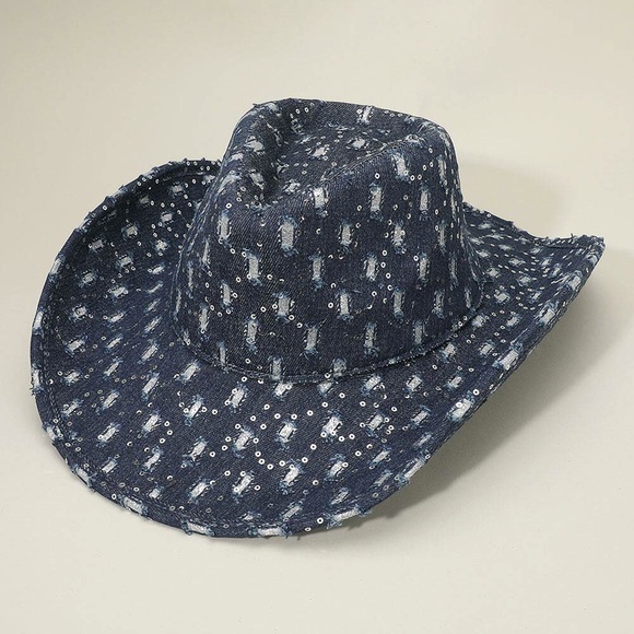 Wide Brim Distressed Sequin Pattern Cowboy Fedora Hat - Picture 4 of 6
